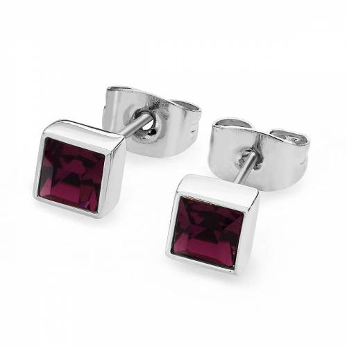 February - Silver Square Birthstone Earrings - Amethyst Crystal