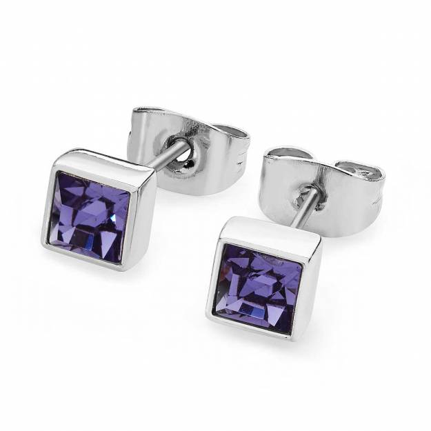 December - Silver Square Birthstone Earrings - Tanzanite Crystal