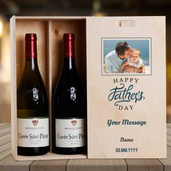 Any Photo And Message Happy Father's Day Blue - Personalised Wooden Double Wine Box
