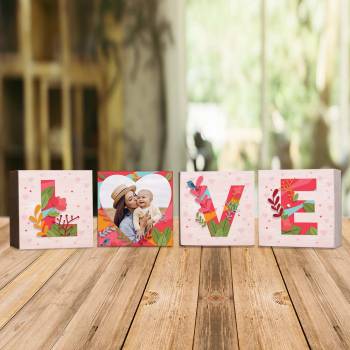 Flowers Love Letters and Photo - 3x3 Wooden Photo Blocks