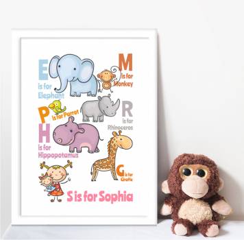 Animal Alphabet Girl Personalised Poster
