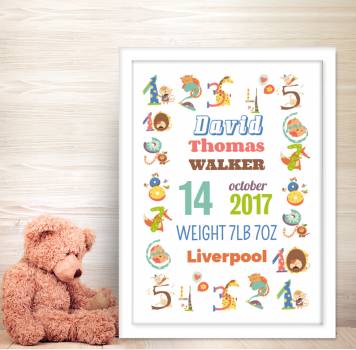 Funny Number Animals Baby Personalised Poster