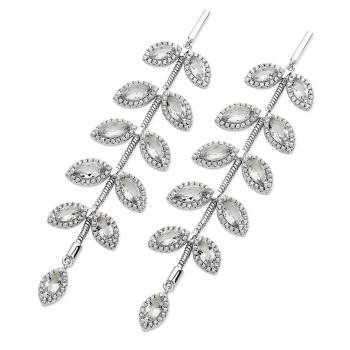 Silver Diamante Drop Leaf Earrings