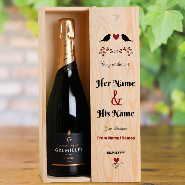 Love Birds Congratulations Personalised Wooden Champagne Box