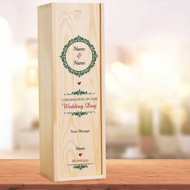 Congratulations On Your Wedding Day Green Personalised Single Wooden Champagne Box