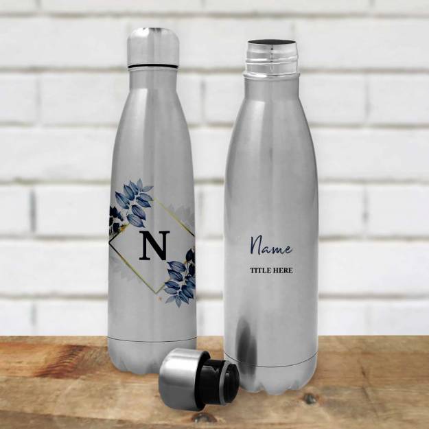 Any Name And Initials Blue Floral - Personalised Stainless Steel Bottle