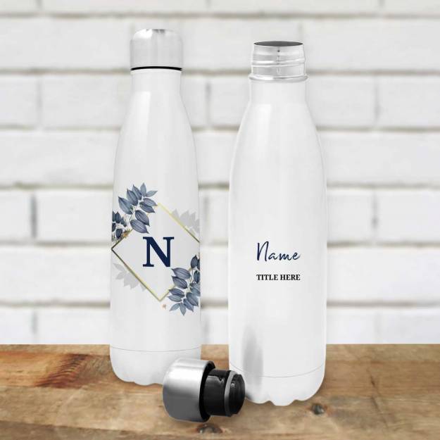 Any Name And Initials Blue Floral - Personalised Stainless Steel Bottle