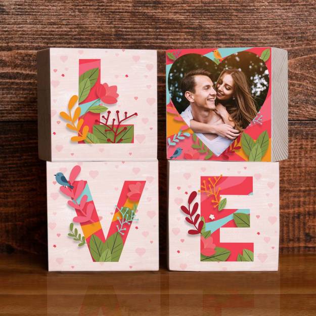 Flowers Love Letters and Photo - 3x3 Wooden Photo Blocks