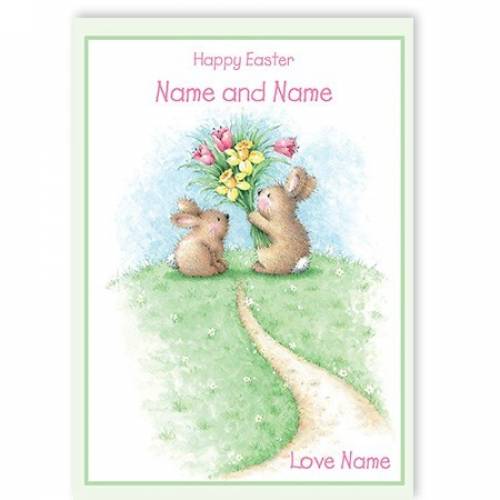 Happy Easter Bunny Flowers Easter Card