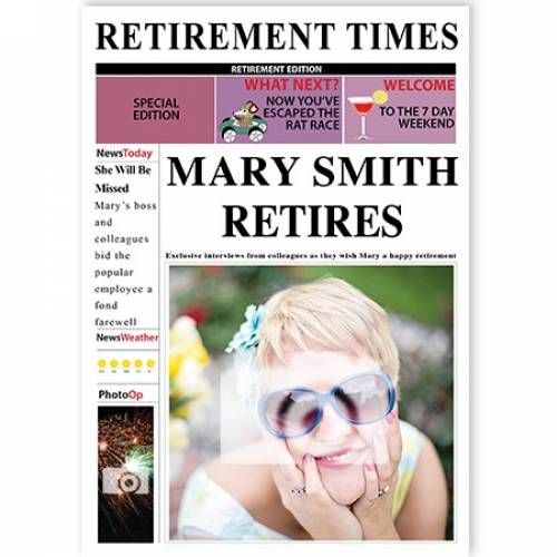 Female Retirement Times Newspaper Cover Photo Upload Card