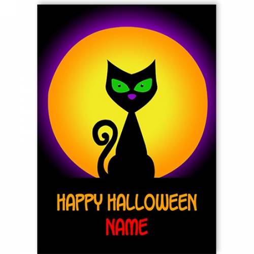 Happy Halloween Cat In The Moon Card