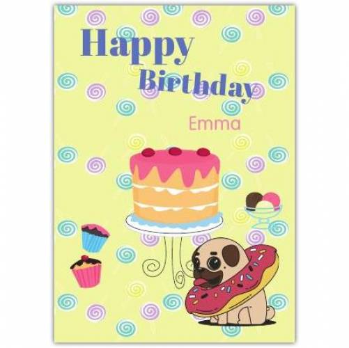 Happy Birthday Pug Wearing Pool Floaty With Cake  Card