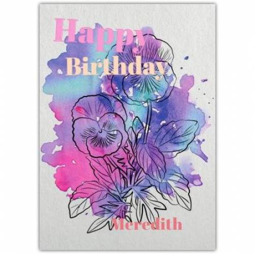 Purple & Pink Watercolour Floral Happy Birthday Card
