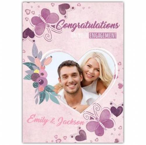 Congratulations Engagement Purple Butterfly Photo In Heart Card