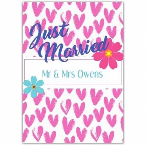 Just Married Pink Hearts Flowers Two Names Card