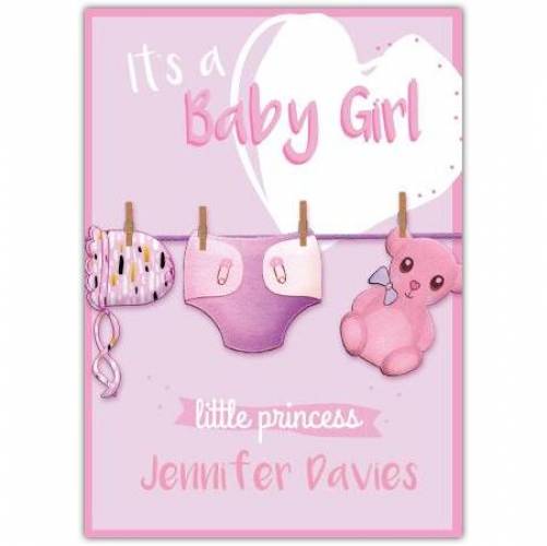 It's A Baby Girl Clothes Line Pink Bear And Pink Hat Proncess Card