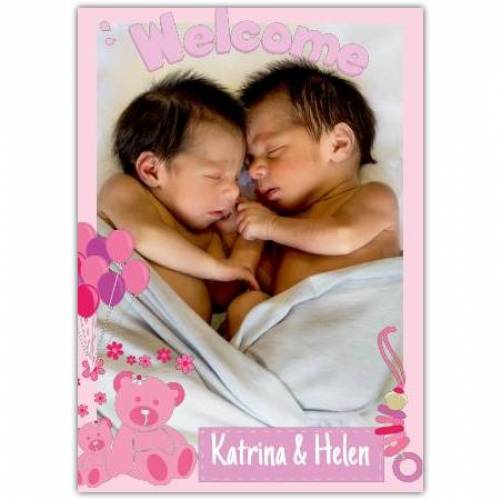 Welcoms Twins Bear And Balloons Photo Card