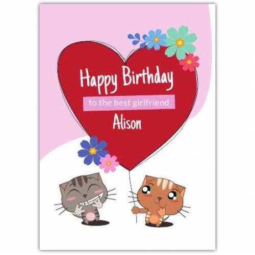 Happy Birthday Cat Giving Other Cat Big Heart Balloon  Card