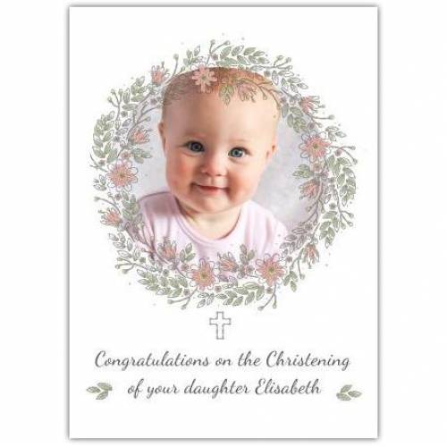 Christening Photo Pink Wreath Greeting Card