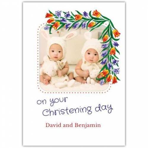 Christening Day Photo Upload Flowers Greeting Card