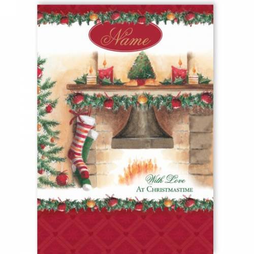 Fireplace Stockings At Christmas Card