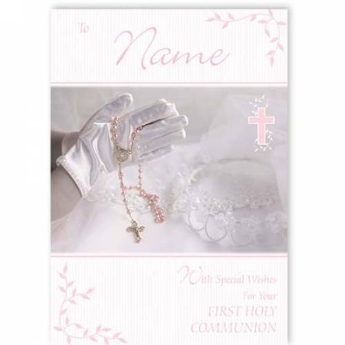 Girl With Rosary Beads First Holy Communion Card