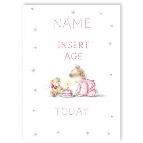 Pink Young Girl With Teddy Insert Age Girl's Birthday Card