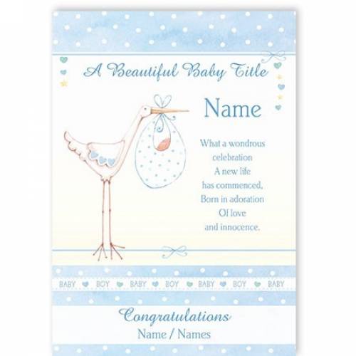 Congratulations Beautiful Baby Boy Stork Baby Card