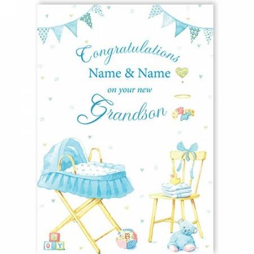 Congratulations Blue Pram New Grandson Card