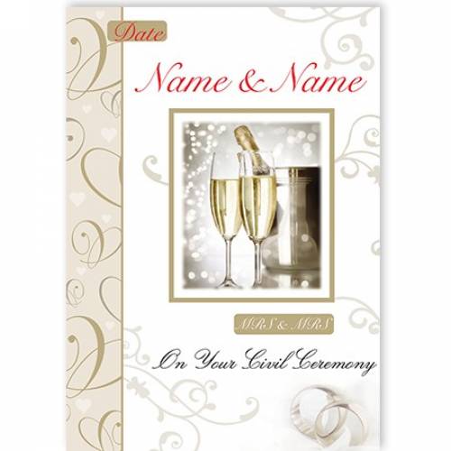 Mrs & Mrs Champagne & Flutes On Your Civil Ceremony Card