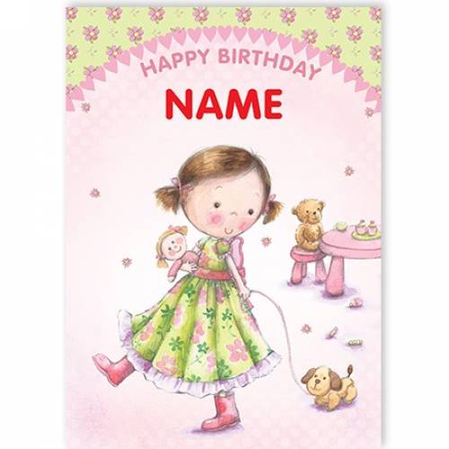 Girl Walking Dog Happy Birthday Card