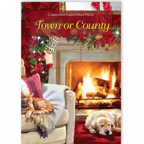 Fireside Christmas Greetings From Town Or County Card