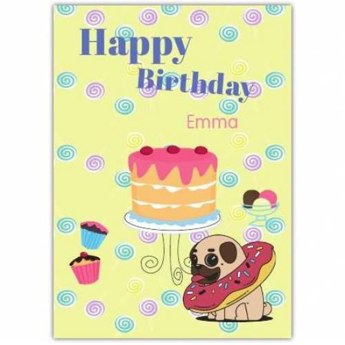 Happy Birthday Pug Wearing Pool Floaty With Cake  Card