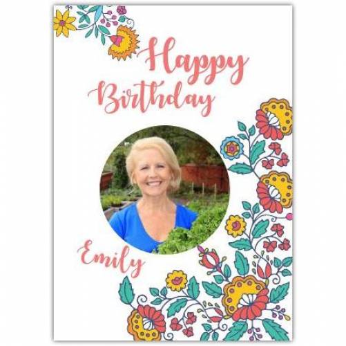 Happy Birthday Round Photo Frame With Yellow Flowers Card