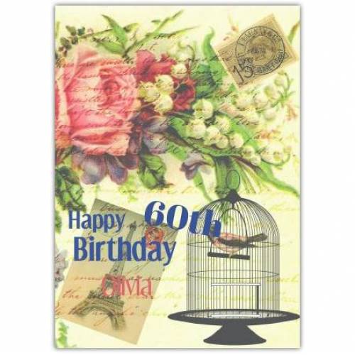 Happy 60th Birthday Bird Cage And Flowers Card