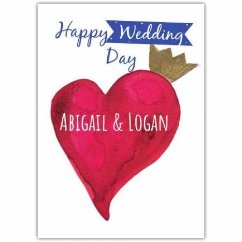 Happy Wedding Day Pink Heart Gold Crown Card
