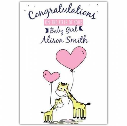 Congratulations On Baby Girl Two Giraffes Pink Hearts Card