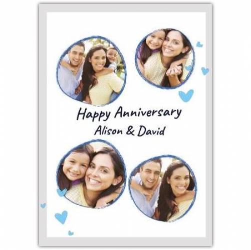 Happy Anniversary Round Blue Frame Blue Hearts Card