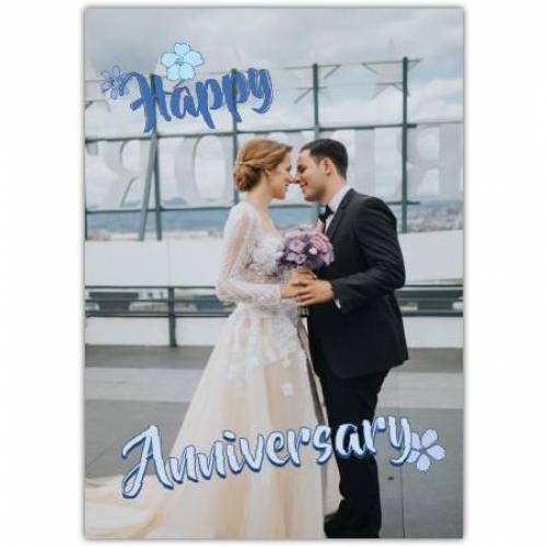 Happy Anniversary Blue Flowers One Photo Card