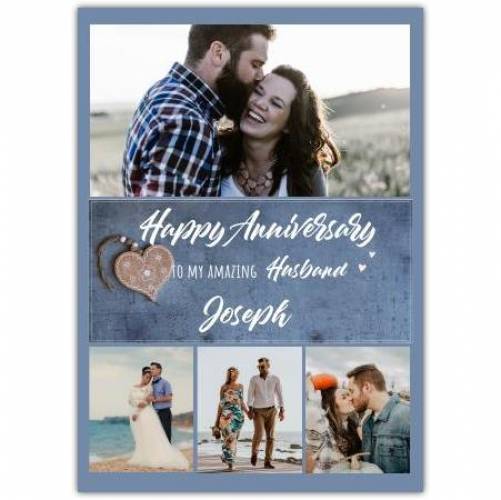 Anniversary Blue Husband Rustic Heart Greeting Card