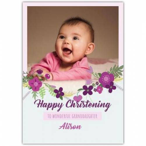Christening Photo Purple Flowers Greeting Card