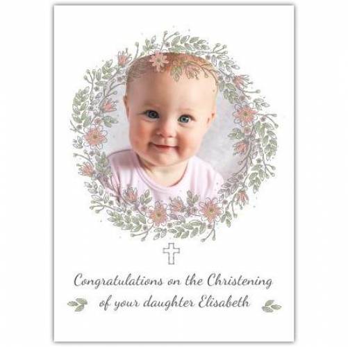 Christening Photo Pink Wreath Greeting Card