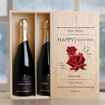 Roses Happy Valentines Personalised Double Wooden Champagne Box