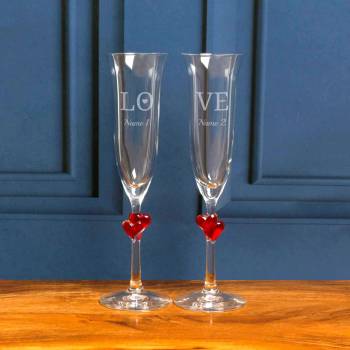 Love And Names - Pair Of Personalised Red Hearts Champagne Flute