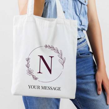Any Initial And Message Flower And Leaves Personalised Tote Bag