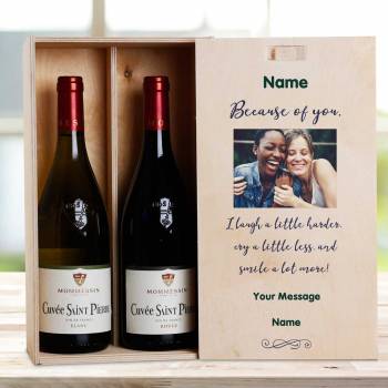 Because Of You Back Any Photo And Message - Personalised Wooden Double Wine Box