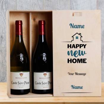 Any Name And Message Happy New Home Blue - Personalised Wooden Double Wine Box