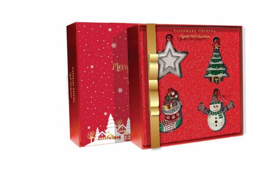 Tipperary Sparkle Christmas Decorations Red Insert Set of 4 (Stocking, Tree, Snowman, Star)