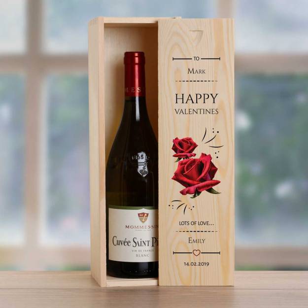 Roses Happy Valentines Personalised Wooden Single Wine Box (Includes Wine)