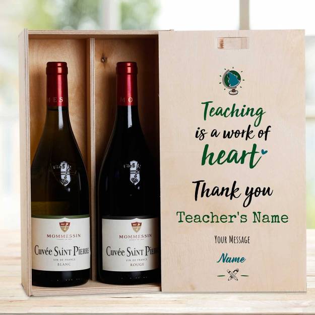 Teaching Is A Work Of Heart Green Personalised Wooden Double Wine Box (Includes Wine)